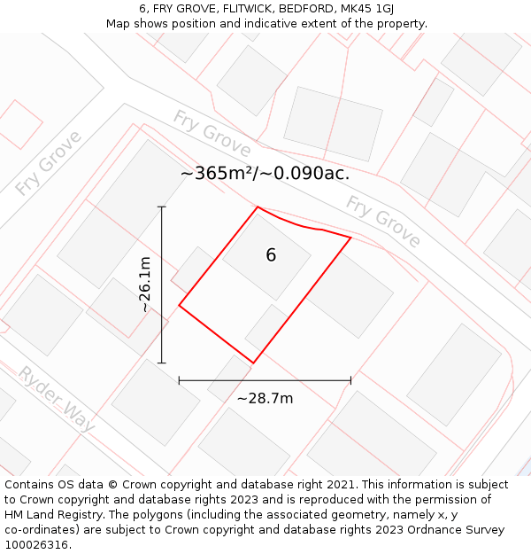 6, FRY GROVE, FLITWICK, BEDFORD, MK45 1GJ: Plot and title map