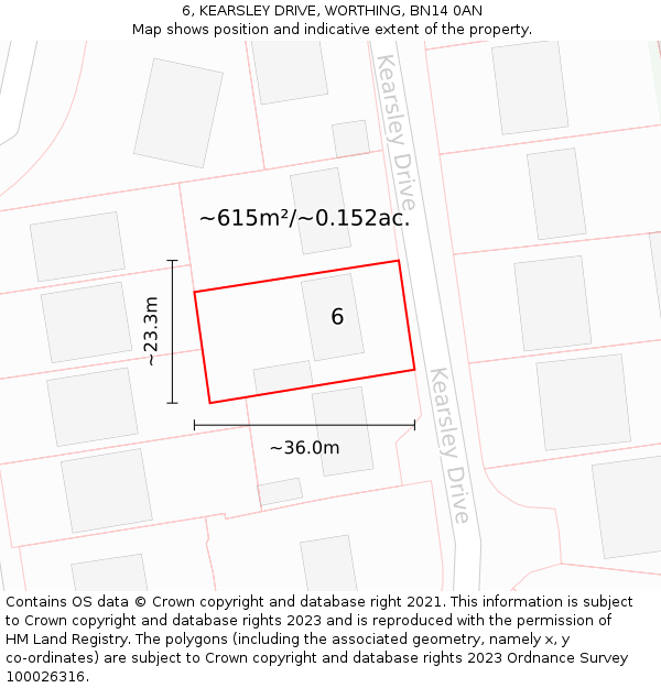 6, KEARSLEY DRIVE, WORTHING, BN14 0AN: Plot and title map