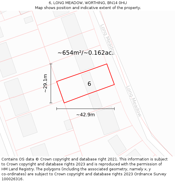 6, LONG MEADOW, WORTHING, BN14 0HU: Plot and title map