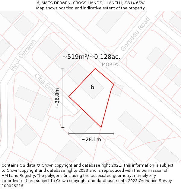 6, MAES DERWEN, CROSS HANDS, LLANELLI, SA14 6SW: Plot and title map
