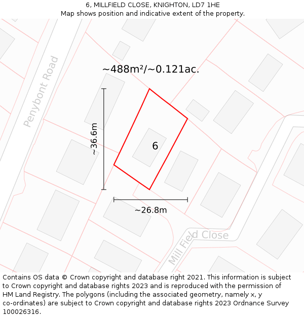 6, MILLFIELD CLOSE, KNIGHTON, LD7 1HE: Plot and title map