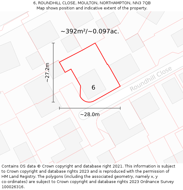 6, ROUNDHILL CLOSE, MOULTON, NORTHAMPTON, NN3 7QB: Plot and title map