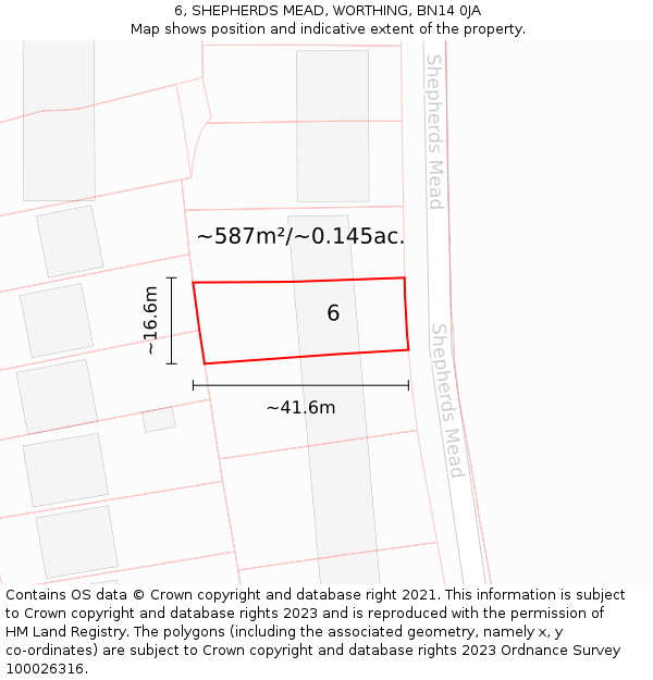 6, SHEPHERDS MEAD, WORTHING, BN14 0JA: Plot and title map