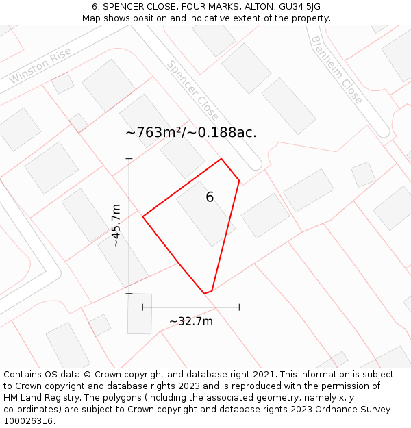 6, SPENCER CLOSE, FOUR MARKS, ALTON, GU34 5JG: Plot and title map