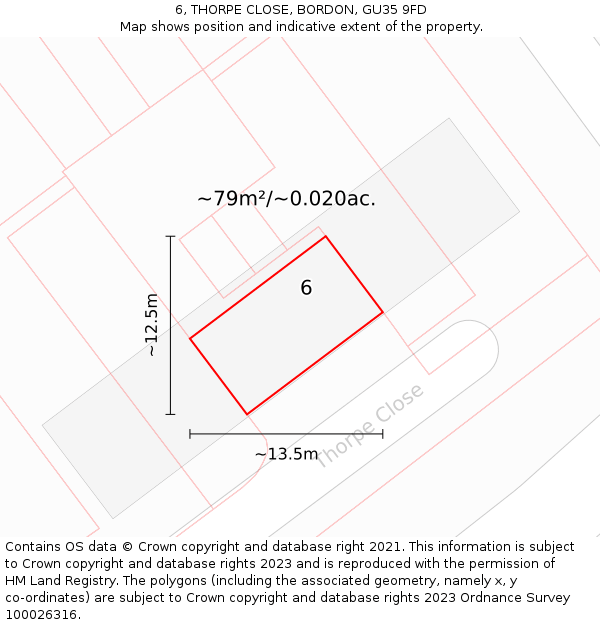 6, THORPE CLOSE, BORDON, GU35 9FD: Plot and title map