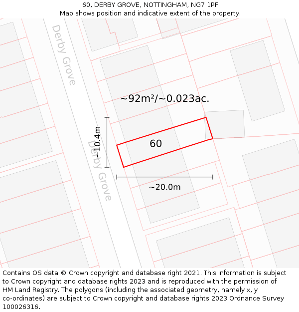 60, DERBY GROVE, NOTTINGHAM, NG7 1PF: Plot and title map