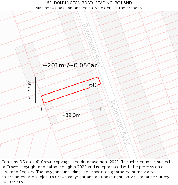 60, DONNINGTON ROAD, READING, RG1 5ND: Plot and title map