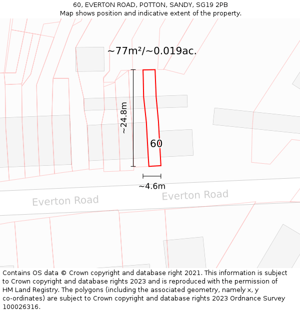 60, EVERTON ROAD, POTTON, SANDY, SG19 2PB: Plot and title map