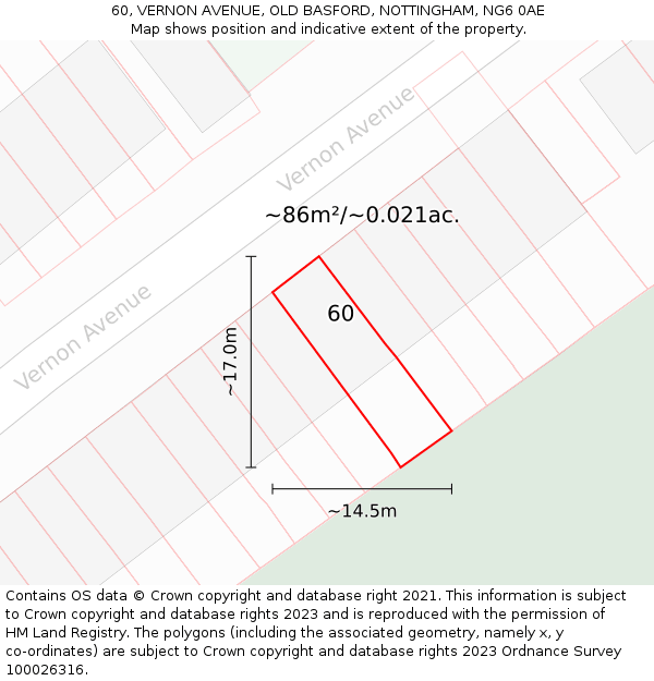 60, VERNON AVENUE, OLD BASFORD, NOTTINGHAM, NG6 0AE: Plot and title map