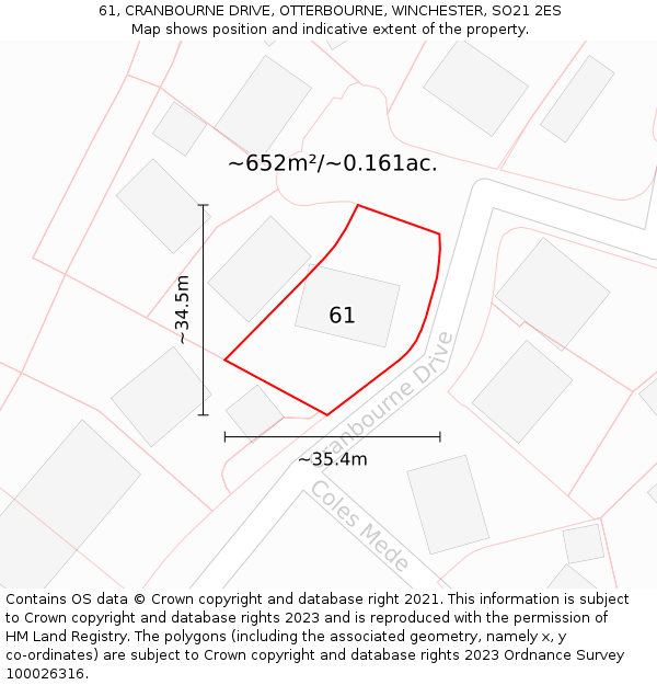 61, CRANBOURNE DRIVE, OTTERBOURNE, WINCHESTER, SO21 2ES: Plot and title map