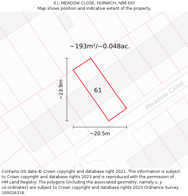 61, MEADOW CLOSE, NORWICH, NR6 6XY: Plot and title map