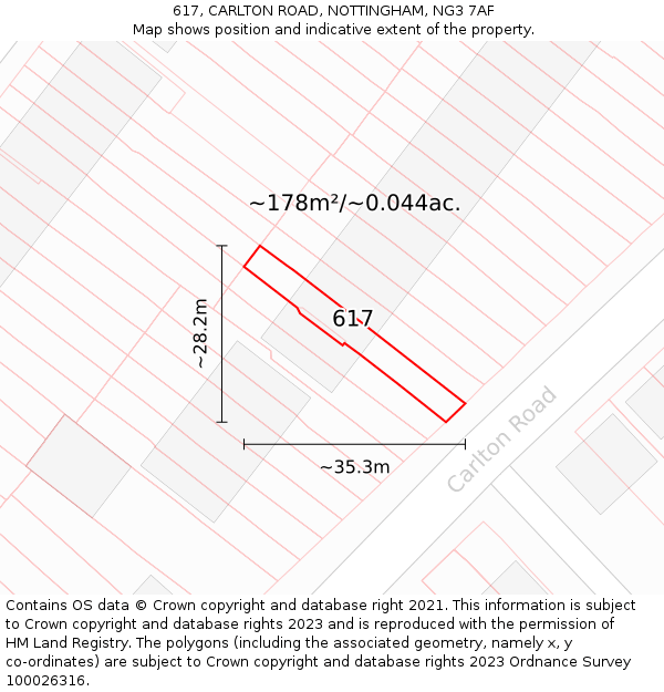 617, CARLTON ROAD, NOTTINGHAM, NG3 7AF: Plot and title map