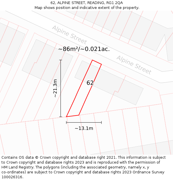 62, ALPINE STREET, READING, RG1 2QA: Plot and title map