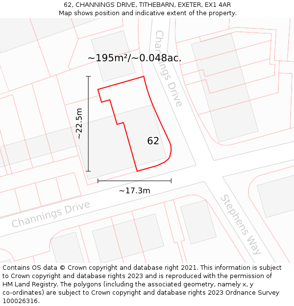 62, CHANNINGS DRIVE, TITHEBARN, EXETER, EX1 4AR: Plot and title map