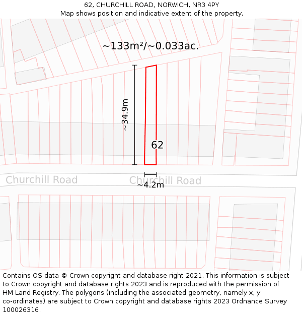 62, CHURCHILL ROAD, NORWICH, NR3 4PY: Plot and title map