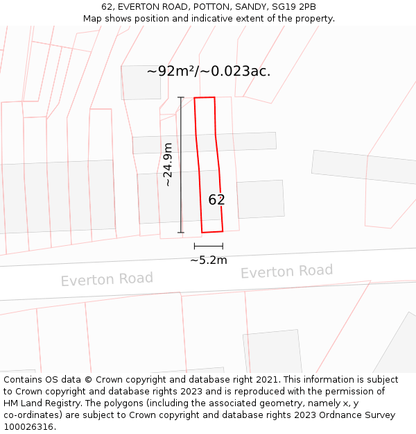62, EVERTON ROAD, POTTON, SANDY, SG19 2PB: Plot and title map