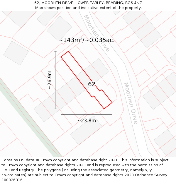 62, MOORHEN DRIVE, LOWER EARLEY, READING, RG6 4NZ: Plot and title map
