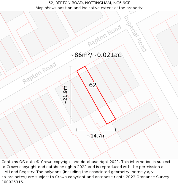 62, REPTON ROAD, NOTTINGHAM, NG6 9GE: Plot and title map
