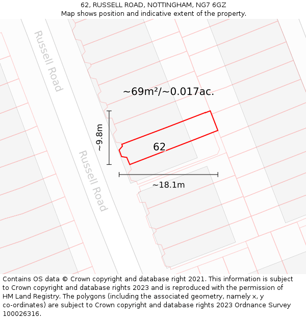 62, RUSSELL ROAD, NOTTINGHAM, NG7 6GZ: Plot and title map