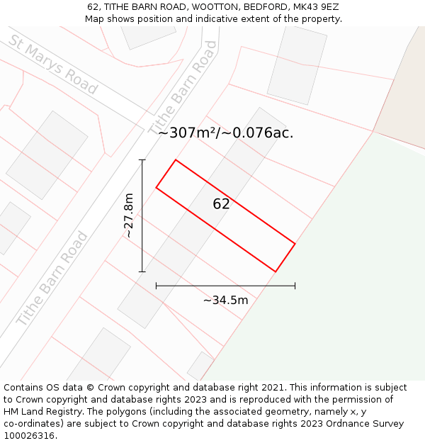62, TITHE BARN ROAD, WOOTTON, BEDFORD, MK43 9EZ: Plot and title map