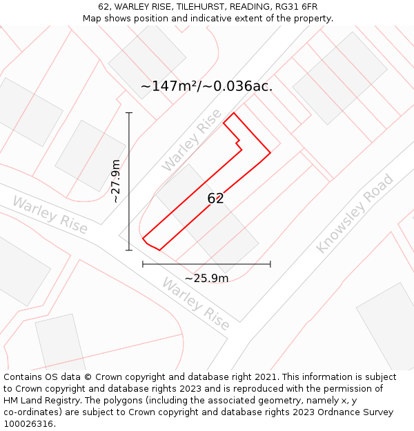 62, WARLEY RISE, TILEHURST, READING, RG31 6FR: Plot and title map