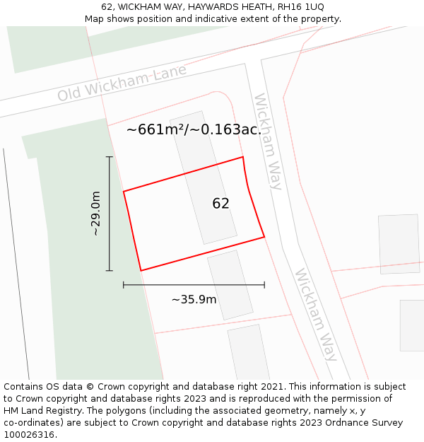 62, WICKHAM WAY, HAYWARDS HEATH, RH16 1UQ: Plot and title map