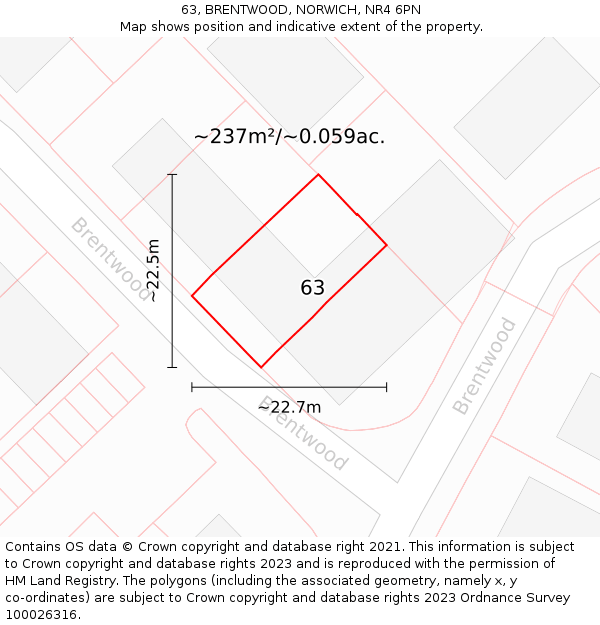 63, BRENTWOOD, NORWICH, NR4 6PN: Plot and title map