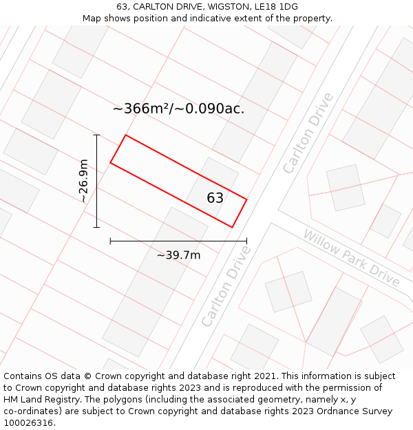 63, CARLTON DRIVE, WIGSTON, LE18 1DG: Plot and title map