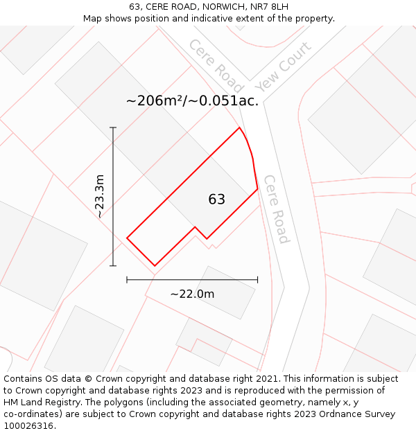 63, CERE ROAD, NORWICH, NR7 8LH: Plot and title map