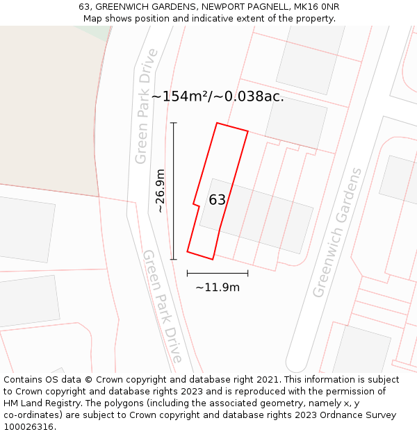 63, GREENWICH GARDENS, NEWPORT PAGNELL, MK16 0NR: Plot and title map