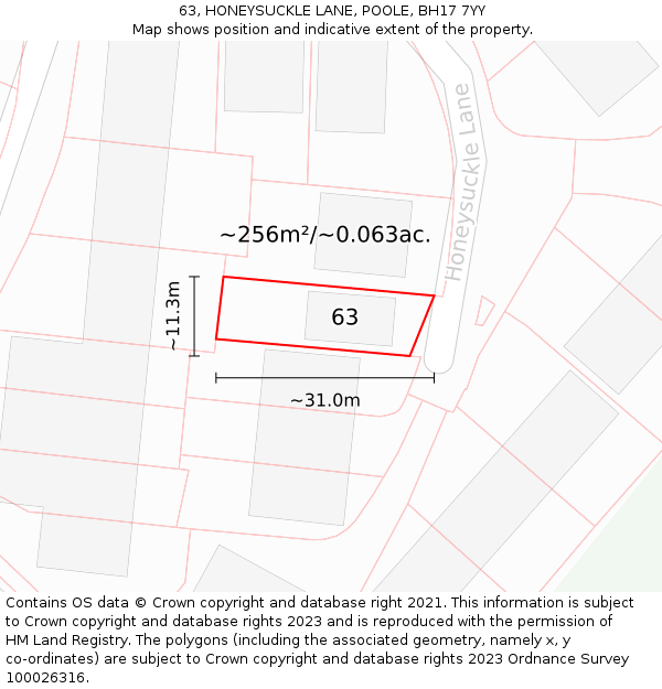 63, HONEYSUCKLE LANE, POOLE, BH17 7YY: Plot and title map