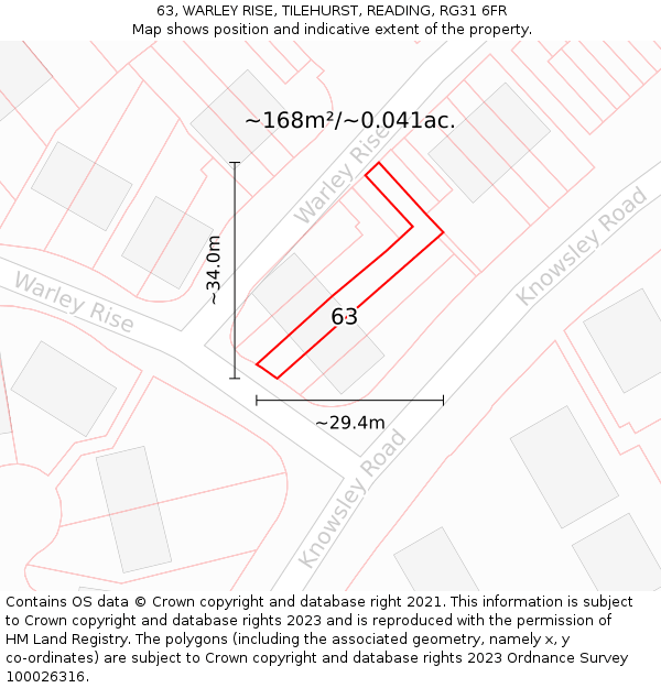 63, WARLEY RISE, TILEHURST, READING, RG31 6FR: Plot and title map