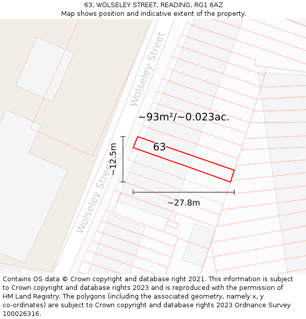 63, WOLSELEY STREET, READING, RG1 6AZ: Plot and title map