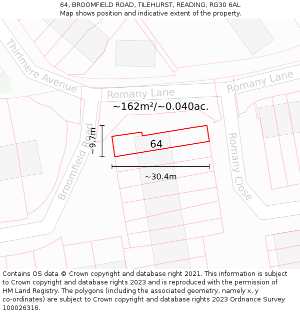 64, BROOMFIELD ROAD, TILEHURST, READING, RG30 6AL: Plot and title map