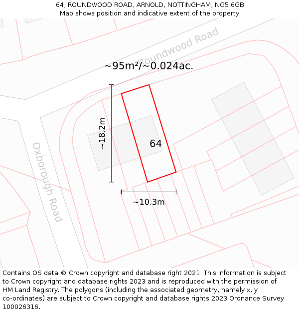 64, ROUNDWOOD ROAD, ARNOLD, NOTTINGHAM, NG5 6GB: Plot and title map