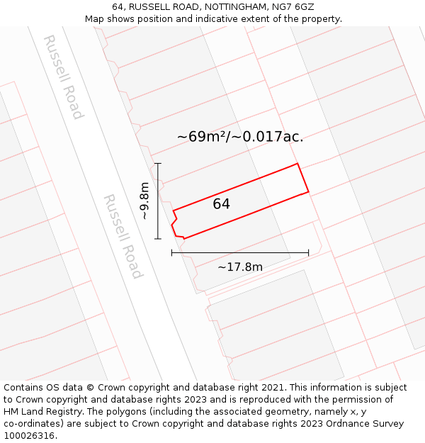64, RUSSELL ROAD, NOTTINGHAM, NG7 6GZ: Plot and title map