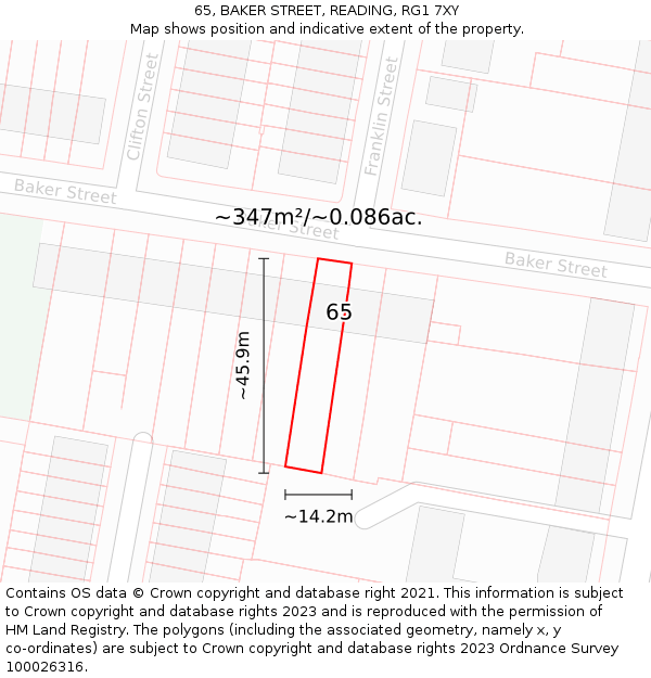 65, BAKER STREET, READING, RG1 7XY: Plot and title map