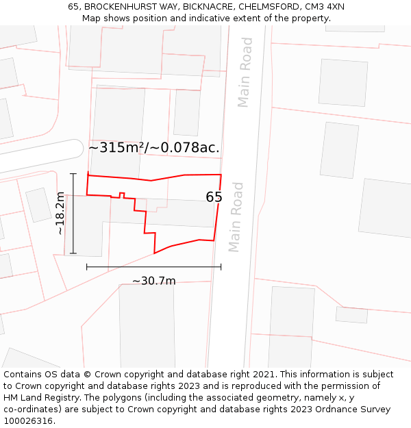 65, BROCKENHURST WAY, BICKNACRE, CHELMSFORD, CM3 4XN: Plot and title map