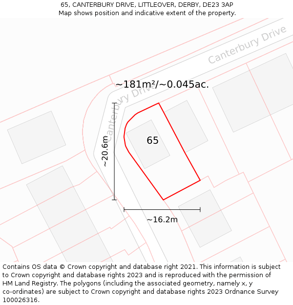 65, CANTERBURY DRIVE, LITTLEOVER, DERBY, DE23 3AP: Plot and title map