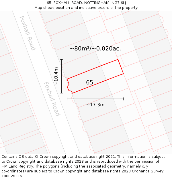 65, FOXHALL ROAD, NOTTINGHAM, NG7 6LJ: Plot and title map