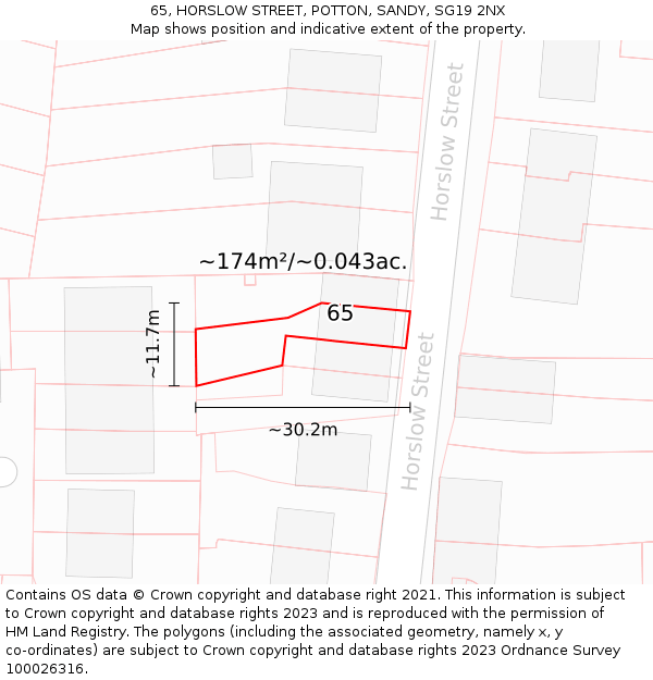 65, HORSLOW STREET, POTTON, SANDY, SG19 2NX: Plot and title map