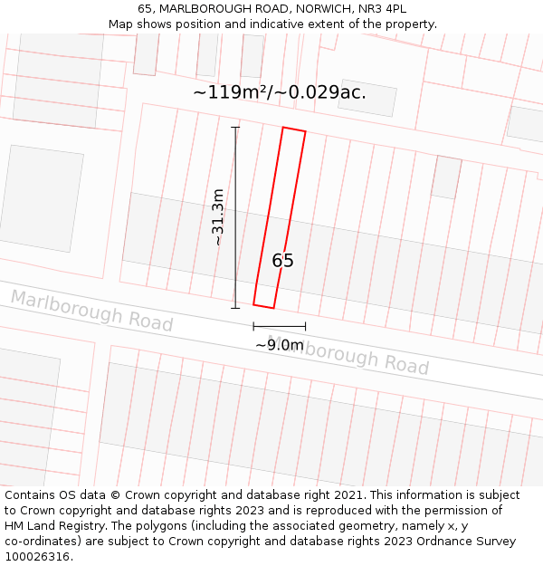 65, MARLBOROUGH ROAD, NORWICH, NR3 4PL: Plot and title map