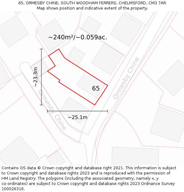 65, ORMESBY CHINE, SOUTH WOODHAM FERRERS, CHELMSFORD, CM3 7AR: Plot and title map