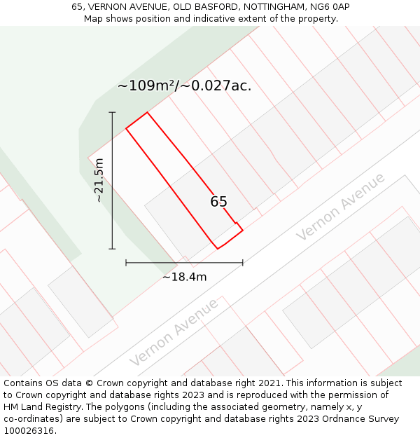 65, VERNON AVENUE, OLD BASFORD, NOTTINGHAM, NG6 0AP: Plot and title map