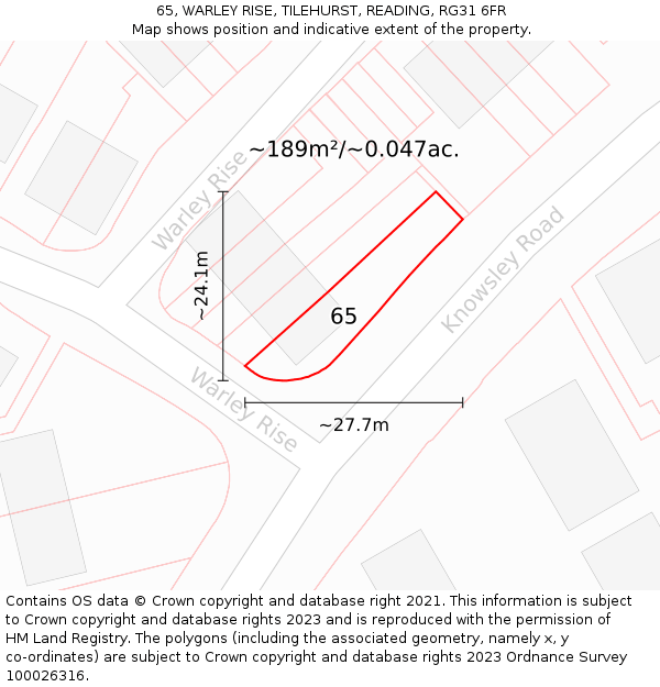 65, WARLEY RISE, TILEHURST, READING, RG31 6FR: Plot and title map