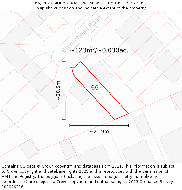 66, BROOMHEAD ROAD, WOMBWELL, BARNSLEY, S73 0SB: Plot and title map