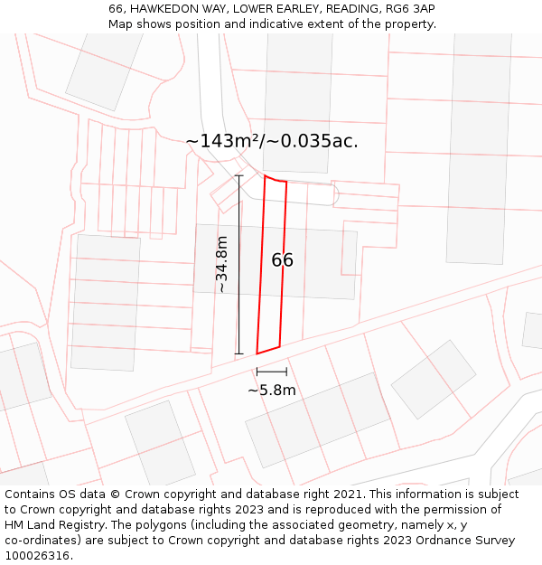 66, HAWKEDON WAY, LOWER EARLEY, READING, RG6 3AP: Plot and title map