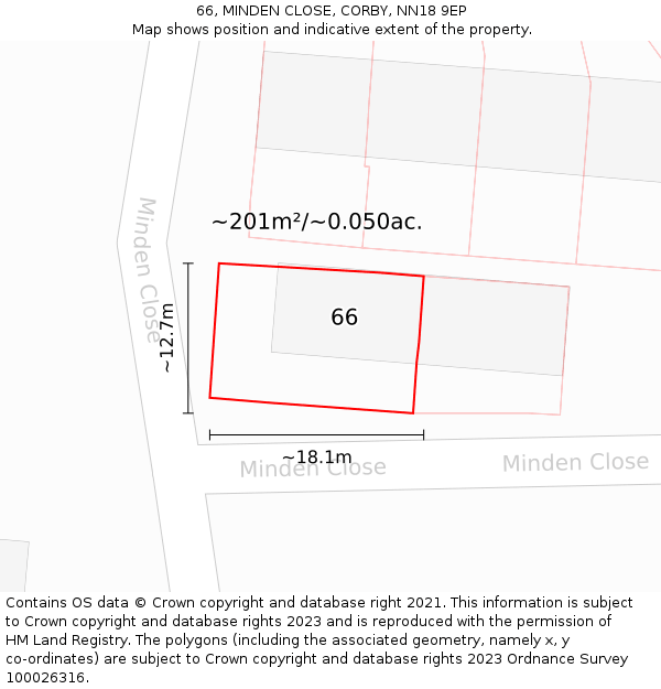 66, MINDEN CLOSE, CORBY, NN18 9EP: Plot and title map