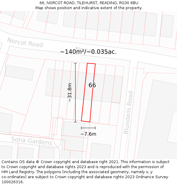 66, NORCOT ROAD, TILEHURST, READING, RG30 6BU: Plot and title map