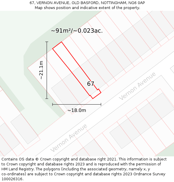 67, VERNON AVENUE, OLD BASFORD, NOTTINGHAM, NG6 0AP: Plot and title map